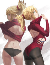 Rule 34 | 1girl, ass, back, back cutout, black leotard, blonde hair, braid, breasts, butt crack, clothing cutout, duplicate, fate/apocrypha, fate (series), female focus, french braid, green eyes, heattech leotard, highres, jewelry, leotard, long hair, long sleeves, looking at viewer, looking back, mordred (fate), mordred (fate/apocrypha), multiple views, necklace, pantyhose, parted bangs, parted lips, pendant, ponytail, red pantyhose, sidelocks, small breasts, tonee, turtleneck, unworn jewelry, unworn necklace