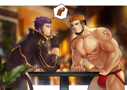 Rule 34 | 2boys, abs, arcanist (gyee), arm tattoo, bara, black coat, blue eyes, bulge, cigarette, coat, commission, facial hair, gyee, highres, holding, holding cigarette, jockstrap, large pectorals, long coat, looking at another, male focus, male underwear, miesicomic, multiple boys, muscular, muscular male, navel, nipples, orange hair, pectorals, purple hair, rand, red male underwear, short hair, tattoo, underwear, yaoi