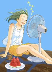 Rule 34 | 1girl, bare legs, blouse, breasts, dated, drink, electric fan, closed eyes, fan speaking, food, fruit, glass, green hair, highres, medium hair, open mouth, original, plate, sako (35s 00), shirt, shorts, signature, sitting, sleeveless, small breasts, solo, sweat, thighs, watermelon, wooden floor