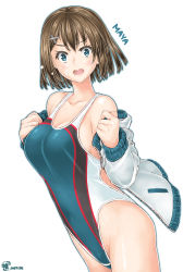 Rule 34 | 1girl, absurdres, adapted costume, alternate costume, artist logo, artist name, ass, blue eyes, blue one-piece swimsuit, blush, breasts, brown hair, collarbone, competition swimsuit, cowboy shot, embarrassed, hair between eyes, hair ornament, hairclip, highres, jacket, kantai collection, large breasts, lips, looking at viewer, maya (kancolle), notchi, one-piece swimsuit, open clothes, open jacket, open mouth, short hair, simple background, solo, standing, sweatdrop, swimsuit, teeth, thighs, tongue, track jacket, white background, white jacket, x hair ornament