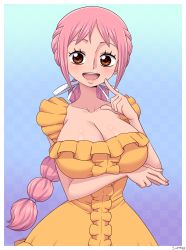Rule 34 | 1girl, absurdres, blonde hair, braid, breast hold, breasts, brown eyes, cleavage, curvy, dress, highres, large breasts, long hair, looking at viewer, one piece, open mouth, pink hair, pointing finger, rebecca (one piece), shiny skin, simmsy, smile, standing