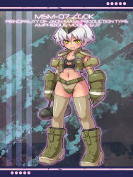 Rule 34 | 1girl, blush, boots, breasts, cleavage, cleavage cutout, clothing cutout, elbow gloves, gloves, gundam, gundam unicorn, hat, jacket, looking at viewer, mobile suit gundam, navel, personification, sankuma, short hair, smile, solo, thighhighs, white hair, yellow eyes, z&#039;gok