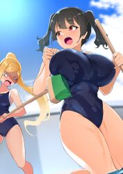 Rule 34 | 2girls, angry, bebebe (pepegakii), black hair, blonde hair, blue one-piece swimsuit, borrowed character, breast envy, breasts, broom, commentary request, empty pool, gaki kyonyuu, highres, holding, holding broom, huge breasts, lady flat chest (kaedeko), long hair, multiple girls, one-piece swimsuit, open mouth, oppai loli, ponytail, pool, red eyes, sasaki kanna (kaedeko), school uniform, short hair, small breasts, surprised, sweatdrop, swimsuit, tears, thighs, twintails, v-shaped eyebrows, wet, wet clothes, wide oval eyes