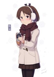 Rule 34 | 1girl, beige coat, black pantyhose, brown eyes, brown hair, brown scarf, brown skirt, can, canned coffee, character name, coat, cowboy shot, dated, drink can, earmuffs, kantai collection, looking at viewer, nao (nao eg), pantyhose, pleated skirt, ponytail, scarf, shikinami (kancolle), short hair, simple background, skirt, solo, white background