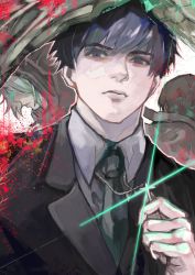 Rule 34 | 3boys, absurdres, amon koutarou, black cloak, black hair, black jacket, black necktie, blood, character request, check character, cloak, closed mouth, collared shirt, cross, cross necklace, grey hair, grey shirt, highres, hood, hood up, hooded cloak, jacket, jewelry, kaneki ken, kyuuba melo, looking at viewer, male focus, multiple boys, necklace, necktie, profile, shirt, short hair, solo focus, takizawa seidou, tokyo ghoul, tokyo ghoul:re, upper body