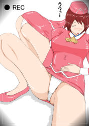 Rule 34 | 1girl, agent aika, aika (series), artist request, ass, bent over, blush, breasts, brown hair, closed eyes, delmo, delmogeny uniform, dress, hand on own stomach, hat, long sleeves, medium breasts, open mouth, panties, pink delmo, pink dress, pink footwear, pink headwear, puffy sleeves, recording, shoes, short hair, sitting, unconscious, underwear, vivian (agent aika), white panties
