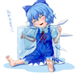 Rule 34 | 1girl, barefoot, blue dress, blue hair, blush, bow, cheek press, cirno, closed eyes, dress, feet, female focus, full body, hair bow, ice, ice wings, open mouth, shirt, short hair, short sleeves, simple background, sitting, smile, solo, touhou, translated, waribashi-p, white background, wings