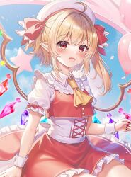 1girl :d ahoge ascot balloon blonde_hair blush collared_shirt commentary confetti corset cowboy_shot crystal earrings fang flandre_scarlet frilled_skirt frills hat hat_ribbon holding holding_balloon jewelry looking_at_viewer medium_hair one_side_up open_mouth pointy_ears puffy_short_sleeves puffy_sleeves red_eyes red_nails red_ribbon red_skirt red_vest ribbon rikatan shirt short_sleeves sitting skirt sleeve_bow smile solo star_(symbol) touhou vest white_hat white_shirt wings wrist_cuffs yellow_ascot