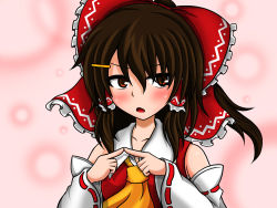 Rule 34 | 1girl, ascot, blush, bow, brown eyes, brown hair, bubble, detached sleeves, female focus, fidgeting, frills, hair bow, hair ornament, hair tubes, hairclip, hakurei reimu, highres, index fingers together, looking away, open mouth, pink background, solo, suikyo 5, suikyou (aqua cities), touhou