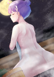 Rule 34 | 1girl, alternate hairstyle, ass, back, black hair, breasts, bucket, closed mouth, commentary request, covering privates, closed eyes, from behind, full moon, hair bun, highres, moon, night, night sky, nude cover, onsen, outdoors, profile, purple hair, short hair, sideboob, single hair bun, sitting, sky, small breasts, solo, steam, tenneko yuuri, towel, vocaloid, voiceroid, wet, wooden bucket, yuzuki yukari