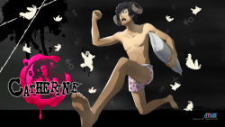 Rule 34 | 10s, 1boy, 2011, animal ears, atlus, barbed wire, black hair, boxer briefs, boxers, briefs, catherine, catherine (game), copyright name, facial hair, feet, highres, horns, katherine mcbride, logo, male focus, male underwear, mars symbol, non-web source, official art, official wallpaper, pillow, sheep, sheep ears, soejima shigenori, solo, stubble, topless male, underwear, venus symbol, vincent brooks
