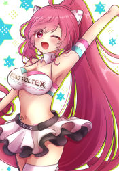 Rule 34 | 1girl, ;d, armpits, arms up, breasts, clothes writing, collar, floor anthem, headset, highres, large breasts, long hair, midriff, miniskirt, navel, one eye closed, open mouth, pink eyes, pink hair, ponytail, rasis, skirt, smile, sound voltex, sound voltex ii infinite infection, standing, star (symbol), white collar, white skirt, wink, yamora