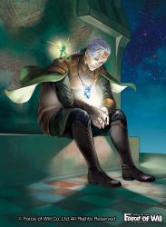 Rule 34 | 1boy, boots, braid, cape, circlet, copyright name, fairy wings, force of will, gem, jewelry, long hair, male focus, necklace, night, night sky, official art, red eyes, sitting, sky, solo, sparkle, white hair, wings