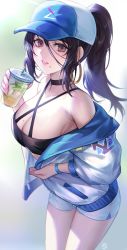 Rule 34 | 1girl, absurdres, baseball cap, black choker, black hair, breasts, brown eyes, choker, cleavage, crop top, cup, drinking straw, earrings, food, fruit, hat, highres, holding, holding cup, hoop earrings, hua-j, jacket, jewelry, large breasts, lime (fruit), lime slice, long hair, looking at viewer, mole, mole under mouth, off shoulder, original, parted lips, ponytail, short shorts, shorts, sidelocks, solo, white shorts
