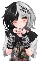 Rule 34 | 1girl, absurdres, akarinnndesu, alternate costume, band shirt, black arm warmers, black eyeliner, black hair, blunt bangs, blush, collared shirt, covet (band), crying, eyelashes, eyeliner, frilled shirt collar, frills, grey hair, hair ornament, highres, hololive, hololive english, jewelry, light frown, long hair, looking at viewer, makeup, merchandise, multicolored hair, multiple rings, ring, shiori novella, shirt, short sleeves, simple background, sleeves past wrists, solo, split-color hair, streaming tears, striped arm warmers, tears, two-tone hair, virtual youtuber, white arm warmers, white background, white hair, white shirt, yellow eyes