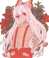 Rule 34 | 1girl, bamboo, blouse, bow, bright pupils, collared shirt, commentary, flower, fujiwara no mokou, grey bow, grey shirt, hair between eyes, hair bow, head tilt, highres, long hair, looking at viewer, multicolored bow, ofuda, ofuda on clothes, pants, rbfnrbf (mandarin), red bow, red eyes, red flower, red pants, shirt, sidelocks, smile, solo, suspenders, torn clothes, torn sleeves, touhou, white hair, white pupils