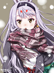 Rule 34 | 1girl, absurdres, animal ears, azur lane, black hairband, blush, commentary request, dated, extra ears, grey hair, hairband, highres, long hair, looking at viewer, open mouth, plaid, plaid scarf, rabbit ears, rabbit girl, red scarf, round teeth, scarf, shimakaze (azur lane), signature, solo, teeth, umyonge (lkakeu), upper teeth only, yellow eyes
