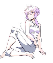 Rule 34 | 1girl, :t, ajishio, bare arms, bare shoulders, barefoot, blush, camisole, closed mouth, collarbone, criss-cross halter, grey pants, hair between eyes, halterneck, highres, knee up, long hair, looking away, pants, pout, purple camisole, purple eyes, purple hair, simple background, single hair intake, solo, sweat, vocaloid, voiceroid, white background, yuzuki yukari
