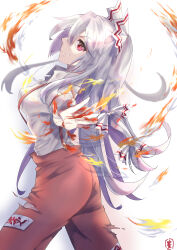 Rule 34 | 1girl, absurdres, bow, breasts, clip studio paint (medium), closed mouth, commentary, ellen drawing, fire, from side, fujiwara no mokou, grey hair, hair bow, highres, long hair, looking at viewer, medium breasts, pants, red eyes, red pants, shirt, signature, simple background, solo, suspenders, torn clothes, touhou, white background, white bow, white shirt
