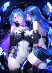 Rule 34 | 2girls, absurdres, ahoge, armpit crease, ass, azur lane, back cutout, bare shoulders, black footwear, black gloves, black panties, black thighhighs, blue hair, boots, breasts, clothing cutout, dual persona, elbow gloves, gloves, hand on another&#039;s face, helena (azur lane), helena (meta) (azur lane), highres, holding hands, interlocked fingers, kai (ootamuno12), long hair, looking at another, looking at viewer, medium breasts, multicolored hair, multiple girls, panties, purple eyes, purple hair, red eyes, tabard, thigh boots, thighhighs, thighs, two-tone hair, underwear