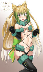 Rule 34 | 1girl, animal ears, artist name, atalanta (fate), black gloves, black panties, black thighhighs, blonde hair, blush, breasts, cat ears, cat tail, claw pose, cosplay, cowboy shot, cowfee, d:, elbow gloves, fate/apocrypha, fate (series), fingernails, fur collar, fur trim, gloves, gradient background, gradient hair, green eyes, green hair, grey background, highres, long hair, looking at viewer, mash kyrielight, mash kyrielight (dangerous beast), mash kyrielight (dangerous beast) (cosplay), multicolored hair, navel, official alternate costume, open mouth, panties, revealing clothes, sharp fingernails, signature, small breasts, solo, standing, sweatdrop, tail, thighhighs, underwear, very long hair