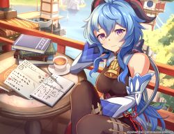 Rule 34 | 1girl, absurdres, ahoge, architecture, armpit crease, arms up, bare shoulders, bell, black bodysuit, black gloves, blue hair, blush, bodice, bodysuit, book, book stack, breasts, calligraphy brush, chinese knot, commentary request, cowbell, cowboy shot, cup, detached sleeves, east asian architecture, eyelashes, ganyu (genshin impact), gem, genshin impact, gloves, goat horns, hair between eyes, highres, horns, long hair, medium breasts, ocean, open mouth, paintbrush, paper, pelvic curtain, railing, red eyes, round window, ryo-suzuki, saucer, shade, sidelocks, sitting, solo, table, tassel, teacup, tile floor, tiles, vision (genshin impact), water, window, wooden table