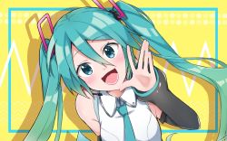 Rule 34 | 1girl, aqua eyes, aqua hair, aqua necktie, arm behind back, bare shoulders, black sleeves, blush, calling, commentary, detached sleeves, hair ornament, hatsune miku, hatsune miku (vocaloid4), headset, long hair, looking at viewer, necktie, open mouth, shadow, shirt, sleeveless, sleeveless shirt, smile, solo, sound wave, supo01, twintails, upper body, v4x, very long hair, vocaloid, white shirt, yellow background