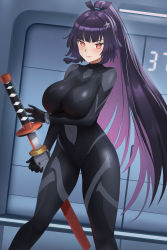 Rule 34 | 1girl, absurdres, arm under breasts, black bodysuit, blunt bangs, blush, bodysuit, braid, breasts, buyong22, closed eyes, closed mouth, covered navel, dutch angle, feet out of frame, hair ornament, highres, holding, holding sword, holding weapon, impossible bodysuit, impossible clothes, katana, large breasts, long hair, looking at viewer, mole, mole under eye, original, pink pupils, ponytail, purple hair, red eyes, ryoko yamaguchi, skin tight, solo, standing, star (symbol), star hair ornament, sword, tsurime, very long hair, weapon