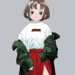 Rule 34 | 1girl, absurdres, bad id, bad twitter id, blush stickers, brown hair, closed mouth, coat, cowboy shot, gishiki (gshk), green coat, grey background, grey eyes, highres, long sleeves, looking at viewer, off-shoulder coat, off shoulder, red skirt, shirt, short hair, simple background, skirt, sleeves past fingers, sleeves past wrists, solo, standing, white shirt