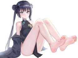 Rule 34 | 1girl, absurdres, ass, bare legs, barefoot, black hair, black panties, black pantyhose, blue archive, butterfly hair ornament, china dress, chinese clothes, closed mouth, damcheong, double bun, dress, feet, grey eyes, hair bun, hair ornament, highres, kisaki (blue archive), knees, knees up, long hair, looking at viewer, low twintails, panties, pantyhose, soles, thighs, toes, twintails, underwear