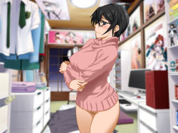 Rule 34 | 1girl, black-framed eyewear, black hair, blue eyes, blurry, blurry background, blush, breasts, censored, closed mouth, clownculture, computer, cowboy shot, crossed arms, crying, female pubic hair, futon, glasses, groin, highres, indoors, large breasts, legs, long sleeves, looking away, monitor, naked sweater, no panties, original, otaku, otaku room, pink sweater, poster (medium), pubic hair, pussy, sad, short hair, solo, standing, sweater, table, tears, thighs, turtleneck, turtleneck sweater