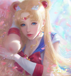 Rule 34 | 1girl, bishoujo senshi sailor moon, blonde hair, bow, breasts, cleavage, commentary, earrings, english commentary, gloves, hair ornament, jewelry, looking at viewer, moon, realistic, ruoxin zhang, sailor moon, school uniform, solo, sparkle, star (symbol), star earrings, tagme, twintails, white gloves
