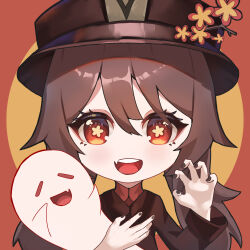 Rule 34 | 1girl, absurdres, boo tao (genshin impact), brown coat, brown eyes, brown hair, brown nails, chinese clothes, coat, collared coat, feisker, flower, flower-shaped pupils, genshin impact, ghost, hat, hat flower, hat tassel, highres, hu tao (genshin impact), long hair, open mouth, plum blossoms, porkpie hat, simple background, symbol-shaped pupils, teeth, upper body, upper teeth only
