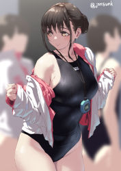 Rule 34 | 1girl, 3girls, aya (jonsun), black one-piece swimsuit, blurry, blurry background, breasts, brown hair, closed mouth, competition swimsuit, jacket, jonsun, large breasts, looking to the side, multiple girls, one-piece swimsuit, open clothes, open jacket, original, short hair, smile, solo focus, swimsuit, thighs, twitter username, white jacket, yellow eyes