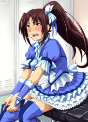 Rule 34 | 1girl, black lagoon, blue skirt, blue thighhighs, blush, boots, brown eyes, brown hair, choker, cigarette, cosplay, cure beat, cure beat (cosplay), diesel-turbo, dress, frills, hair ornament, locker, locker room, long hair, magical girl, mouth hold, open mouth, ponytail, precure, putting on shoes, revy (black lagoon), sitting, skirt, solo, suite precure, thigh boots, thighhighs, toyoguchi megumi, voice actor connection