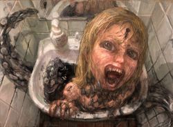 Rule 34 | abigail williams (fate), bathroom, blonde hair, fate/grand order, fate (series), faucet, faux traditional media, horror (theme), keyhole, long hair, looking at viewer, mirror, open mouth, reflection, rubber duck, sharp teeth, sink, soap bottle, solo, t0da, teeth, tentacles, tile wall, tiles