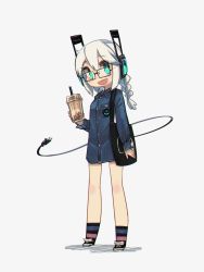 Rule 34 | 1girl, :d, aqua eyes, bag, black-framed eyewear, braid, bubble tea, cable, commentary, cup, digitan (porforever), disposable cup, drinking straw, electric plug, english commentary, fang, full body, glasses, hair between eyes, headphones, highres, holding, holding cup, jacket, long hair, long sleeves, looking at viewer, open mouth, original, porforever, power symbol, rectangular eyewear, simple background, smile, socks, solo, standing, star-shaped pupils, star (symbol), striped clothes, striped socks, symbol-shaped pupils, tail, twin braids, white background, white hair