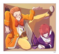 Rule 34 | 2boys, blush, bow, bowtie, box, classicaloid, cramped, franz schubert (classicaloid), frederic chopin (classicaloid), glasses, gloves, hair over eyes, in box, in container, jacket, ladama, male focus, multiple boys, orange hair, semi-rimless eyewear, short hair, signature, sweat, under-rim eyewear, wavy mouth, white gloves