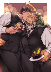 Rule 34 | 2boys, animal ears, bara, beard, black hair, black pants, blouse, blush, bulge, cake, chest hair, chocolate cake, collared shirt, couple, facial hair, feet out of frame, food, formal, furry, furry male, furry with non-furry, green hair, halo, hand on another&#039;s shoulder, highres, holding, holding plate, husband and husband, interspecies, kiss, large pectorals, lion boy, lion ears, male focus, mature male, multicolored hair, multiple boys, muscular, muscular male, outside border, pants, pectorals, plate, shirt, short hair, sitting, sitting on lap, sitting on person, stubble, thick thighs, thighs, tokyo houkago summoners, two-tone hair, valentine, wafu (youzora samo18), white shirt, yaoi, yellow eyes, zabaniyya (housamo)