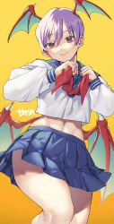 Rule 34 | 1girl, artist name, blue skirt, closed mouth, commentary request, demon girl, demon wings, hands up, head tilt, head wings, highres, lilith aensland, lips, long sleeves, looking at viewer, low wings, midriff, midriff peek, murata tefu, navel, pleated skirt, purple hair, red eyes, school uniform, serafuku, short hair, signature, simple background, skirt, smile, stomach, striped, thighs, vampire (game), wings, yellow background