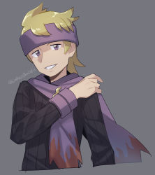 Rule 34 | 1boy, artist name, black sweater, blonde hair, commentary request, creatures (company), game freak, grey background, gym leader, hand on own shoulder, hand up, headband, looking at viewer, male focus, momoji (lobolobo2010), morty (pokemon), nintendo, pokemon, pokemon hgss, purple eyes, purple headband, purple scarf, ribbed sweater, scarf, simple background, sketch, smile, solo, sweater, upper body