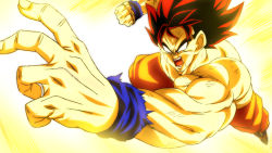 Rule 34 | 1boy, aura, blank eyes, clenched hand, dragon ball, dragonball z, flying, male focus, muscular, muscular male, open mouth, orange pants, pants, rom (20), topless male, solo, son goku, spiked hair, super saiyan