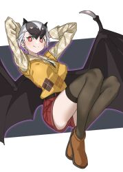 Rule 34 | 1girl, alternate costume, animal ears, arms behind head, arms up, bat ears, bat girl, bat wings, belt, black belt, black hair, black thighhighs, boots, brown footwear, collared shirt, commentary, daito fruit bat (kemono friends), extra ears, full body, grey hair, hair between eyes, highres, kemono friends, long sleeves, multicolored hair, orange eyes, red shorts, shirt, short hair, short shorts, shorts, smile, solo, split mouth, sweater, tanabe (fueisei), thighhighs, two-tone hair, unmoving pattern, wings, yellow shirt, yellow sweater