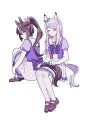 Rule 34 | 2girls, absurdres, animal ears, blush, bow, bowtie, brown footwear, brown hair, brushing hair, closed eyes, closed mouth, clothing cutout, comb, ear bow, full body, habsida (habsida hpy), highres, holding, holding comb, horse ears, horse girl, horse tail, invisible chair, knees up, korean commentary, long hair, looking at another, mejiro mcqueen (umamusume), multicolored hair, multiple girls, open mouth, ponytail, purple hair, purple shirt, sailor collar, school uniform, shirt, shoes, short hair, simple background, sitting, skirt, streaked hair, sweatdrop, tail, tail through clothes, thighhighs, tokai teio (umamusume), tracen school uniform, umamusume, white background, white skirt, white thighhighs