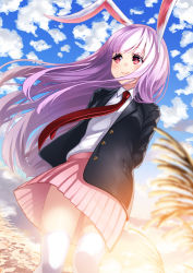 Rule 34 | 1girl, animal ears, arms behind back, blazer, blue sky, cloud, day, jacket, long hair, necktie, open clothes, open jacket, pink eyes, pleated skirt, purple hair, rabbit ears, red necktie, reisen udongein inaba, shirt, skirt, sky, smile, solo, thighhighs, touhou, unowen, upskirt, very long hair, white thighhighs, wind, zettai ryouiki