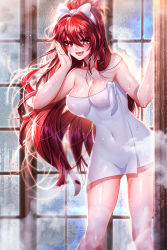 Rule 34 | 1girl, :d, absurdres, been, blush, bow, breasts, cleavage, collarbone, covered navel, elesis (elsword), elsword, fang, hair between eyes, hair bow, hair intakes, highres, indoors, large breasts, long hair, naked towel, open mouth, red eyes, red hair, shiny skin, smile, solo, standing, steam, towel, very long hair, white towel