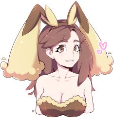 Rule 34 | 1girl, animal ears, bare shoulders, breasts, brown eyes, brown hair, cleavage, collarbone, cosplay, creatures (company), dated, eyebrows, game freak, gen 4 pokemon, heart, highres, looking at viewer, lopunny, lopunny (cosplay), medium breasts, milk (4chan), milka (milk4ppl), nintendo, parted lips, pokemon, pokemon breeder (pokemon), pokemon xy, rabbit ears, smile, solo, upper body, white background