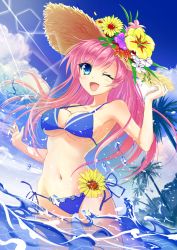 Rule 34 | 1girl, ;d, bad id, bad pixiv id, bikini, blue bikini, blue eyes, breasts, commentary request, flower, hand on headwear, hat, hat flower, highres, long hair, looking at viewer, marimo ouji, medium breasts, moe2018, navel, one eye closed, open mouth, original, palm tree, pink hair, side-tie bikini bottom, smile, solo, straw hat, sun hat, swimsuit, tree, wading, water