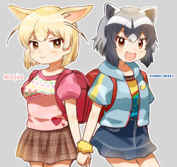 Rule 34 | 2girls, :d, alternate costume, animal ear fluff, animal ears, backpack, bag, black hair, blonde hair, blue jacket, blue skirt, brown hair, casual, common raccoon (kemono friends), cowboy shot, extra ears, fang, fennec (kemono friends), fox ears, grey background, grey hair, heart, heart print, highres, holding hands, jacket, kemono friends, looking at viewer, multiple girls, open mouth, outline, plaid, plaid skirt, puffy short sleeves, puffy sleeves, raccoon ears, randoseru, scrunchie, short hair, short sleeves, simple background, skirt, smile, suicchonsuisui, white outline, wrist scrunchie, yellow scrunchie