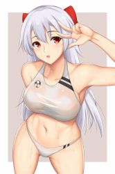 Rule 34 | 1girl, arcie albano, bikini, blush, breasts, collarbone, cowboy shot, fate/grand order, fate (series), groin, hair between eyes, hair ribbon, hand up, highres, large breasts, long hair, looking at viewer, navel, open mouth, ponytail, red eyes, ribbon, sidelocks, silver bikini, silver hair, smile, solo, stomach, swimsuit, tomoe gozen (fate), very long hair, wet